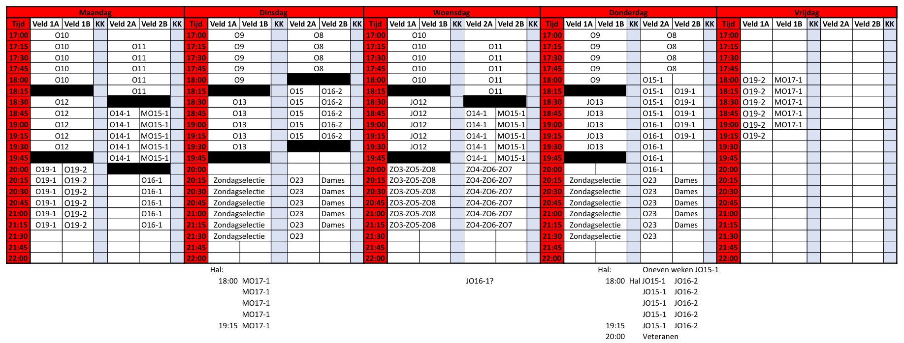 Trainingsschema en huisregels 2026-2027